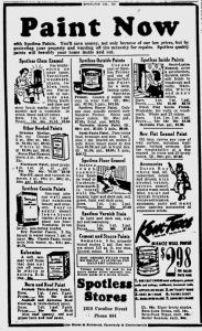 Spotless Stores apparently sold paints. From the Fredericksburg Free Lance-Star, November 15, 1944..